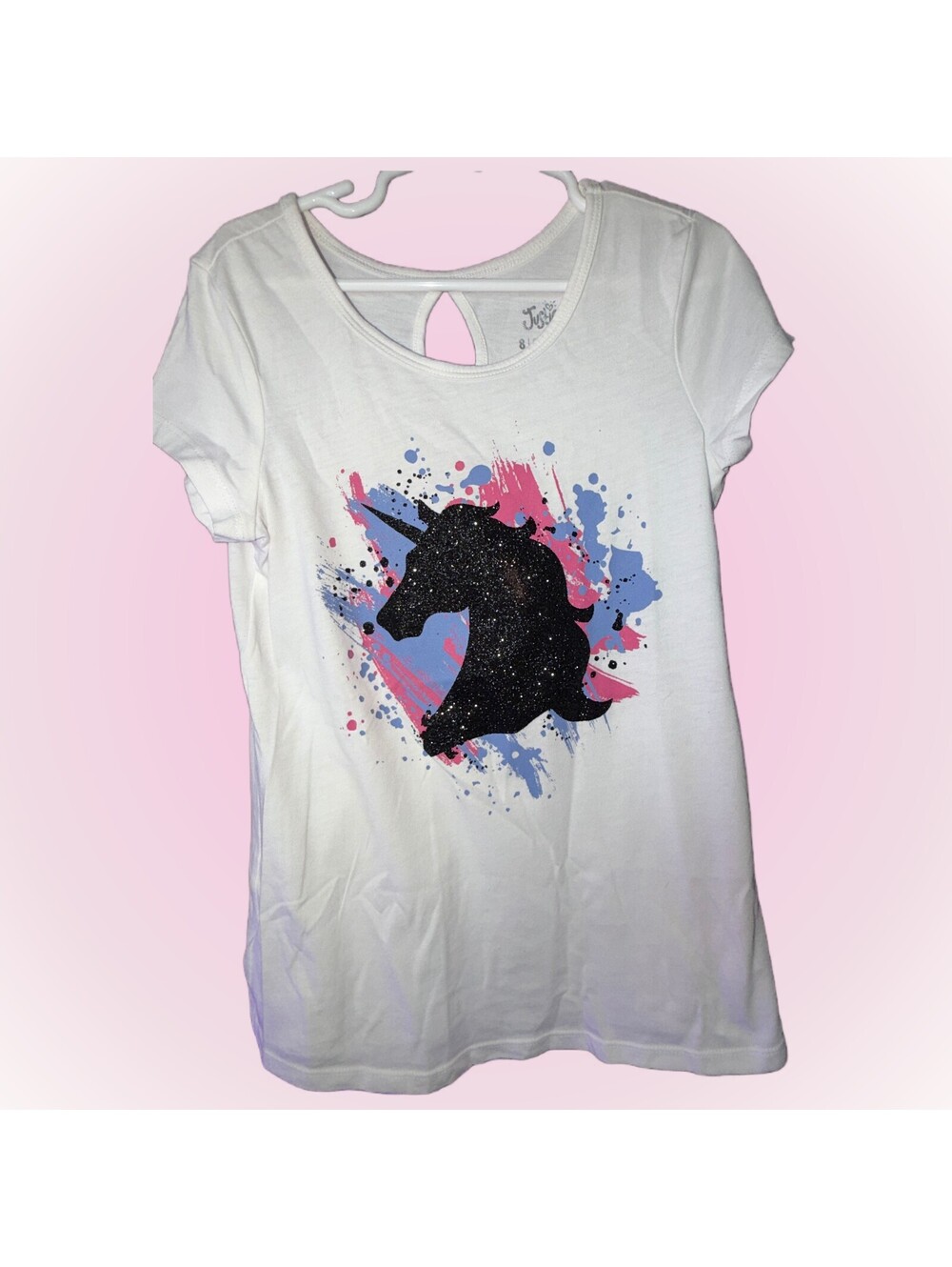 Girls Size 8 Justice White Short Sleeve Shirt | Black Glitter Unicorn